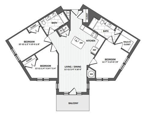 A floor plan of a house with three bedrooms, a living area, a kitchen, a bathroom, a closet, a balcony, and a garage.